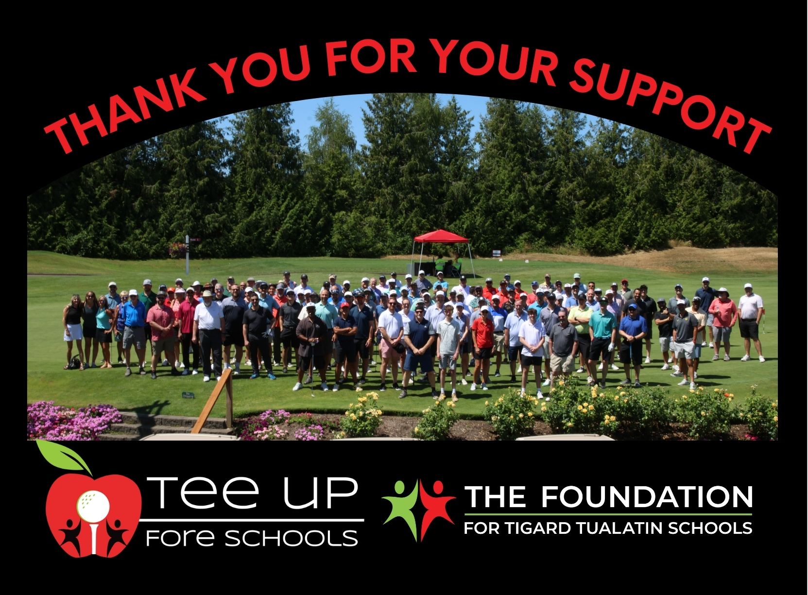 Group photo at Tee Up Fore Schools 2024 with "thank you" banner